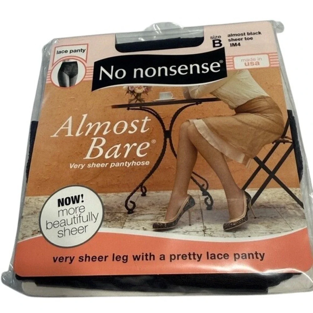 No nonsense Almost Bare Pantyhose Women Almost Black Sheer Lace Panty IM4 Size B
